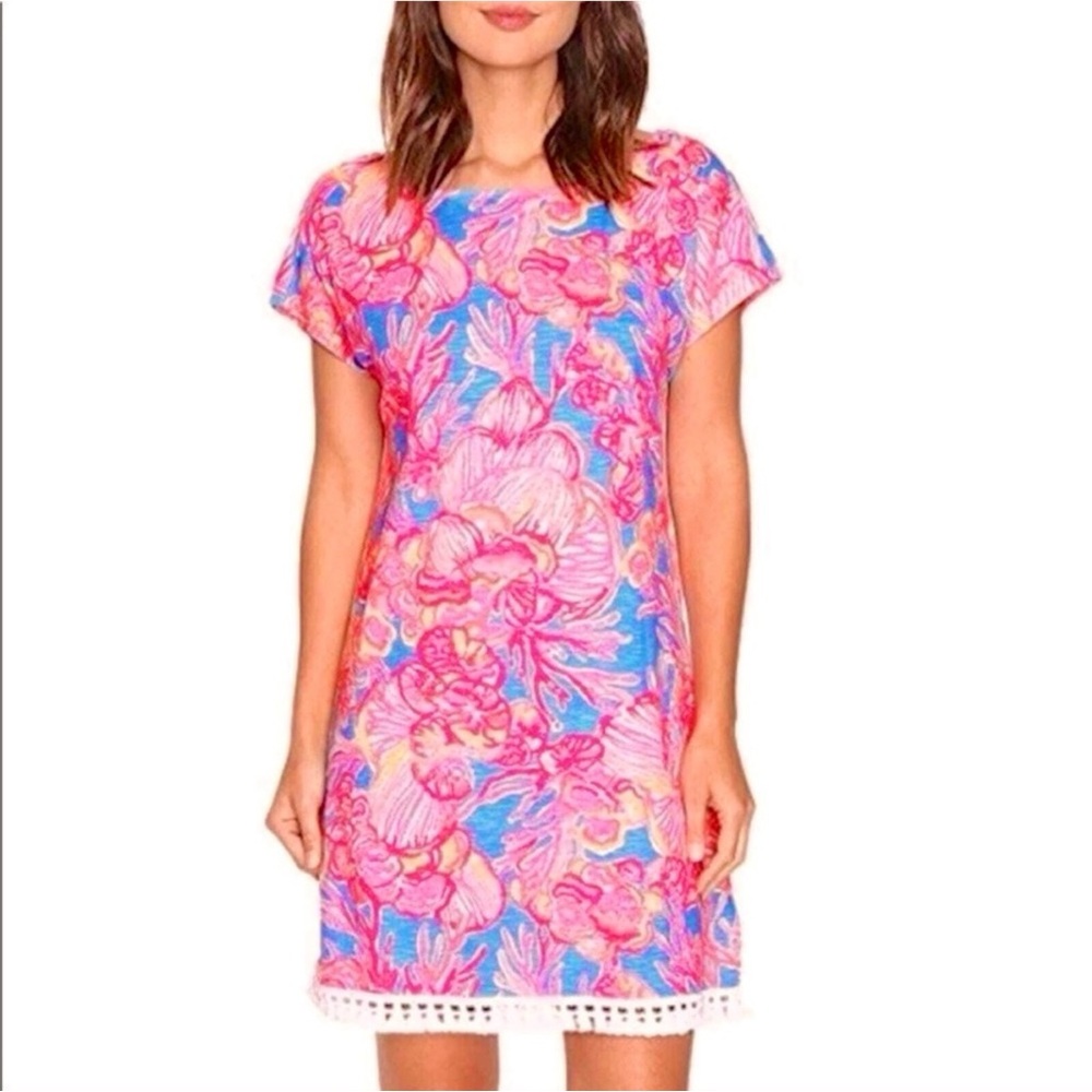 Lilly Pulitzer Tilla Dress Fan Tastic Fringe Pink Sparkling Blue XXS